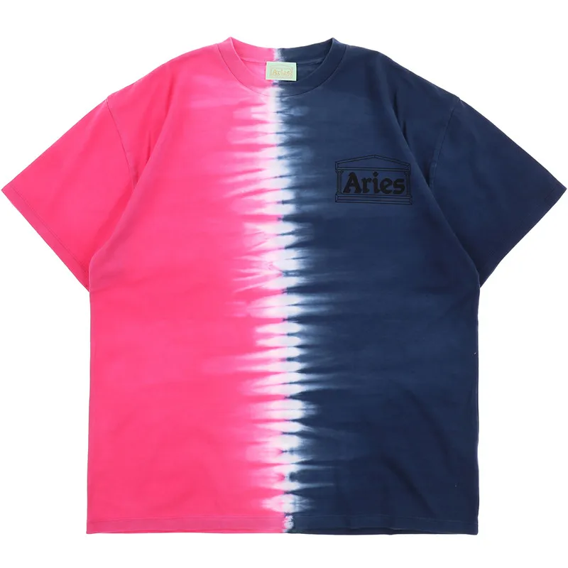 

20ss Tie-Dye Aries Men Women Casual Two-Color Stitching t-Shirt Top Tee High-Quality Aries Printed Badge t-Shirt