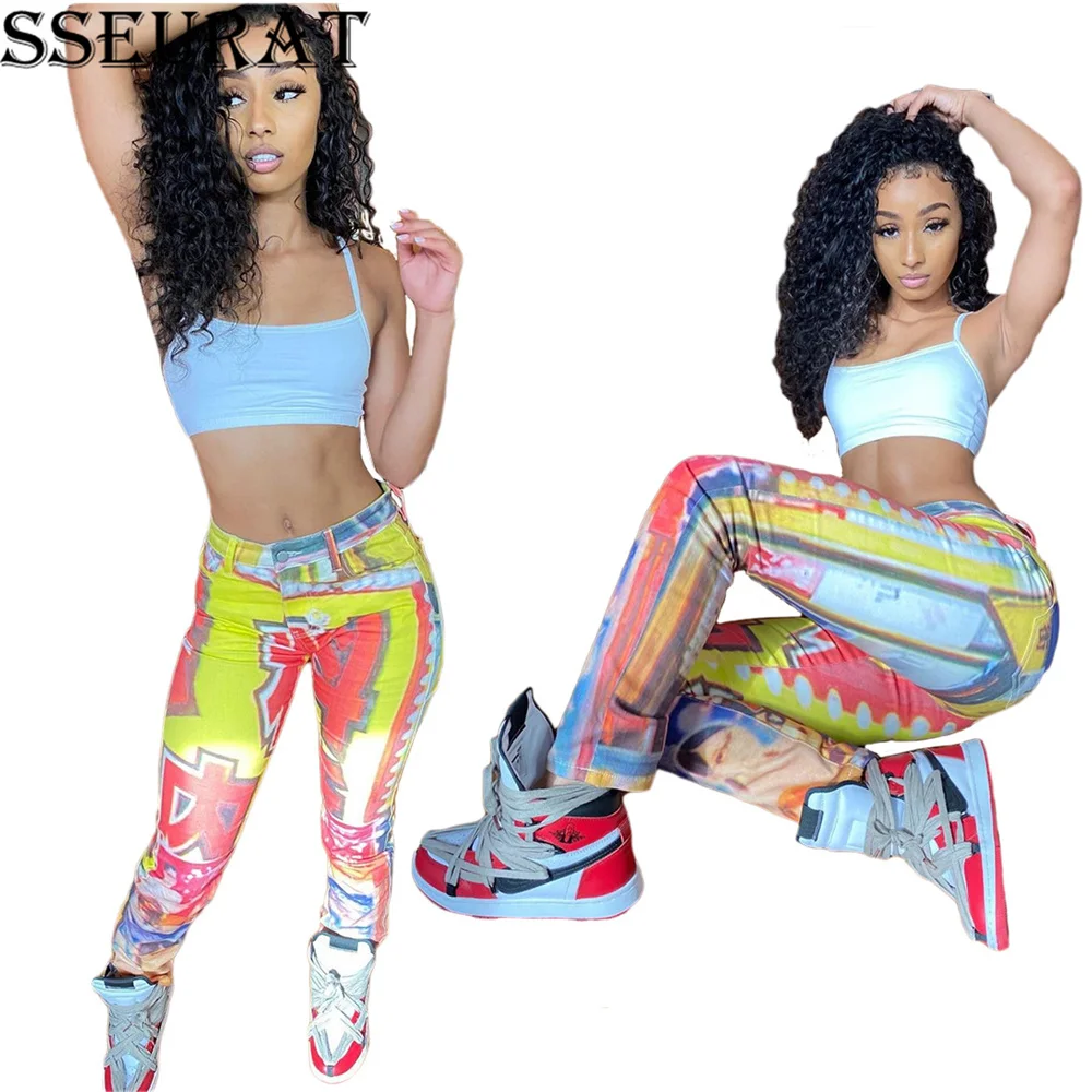 

SSEURAT Women Mid Waist Elastic Print Pencil Pants for Streetwear Fashion Trousers 2021 Sporty Jogger Sweatpents