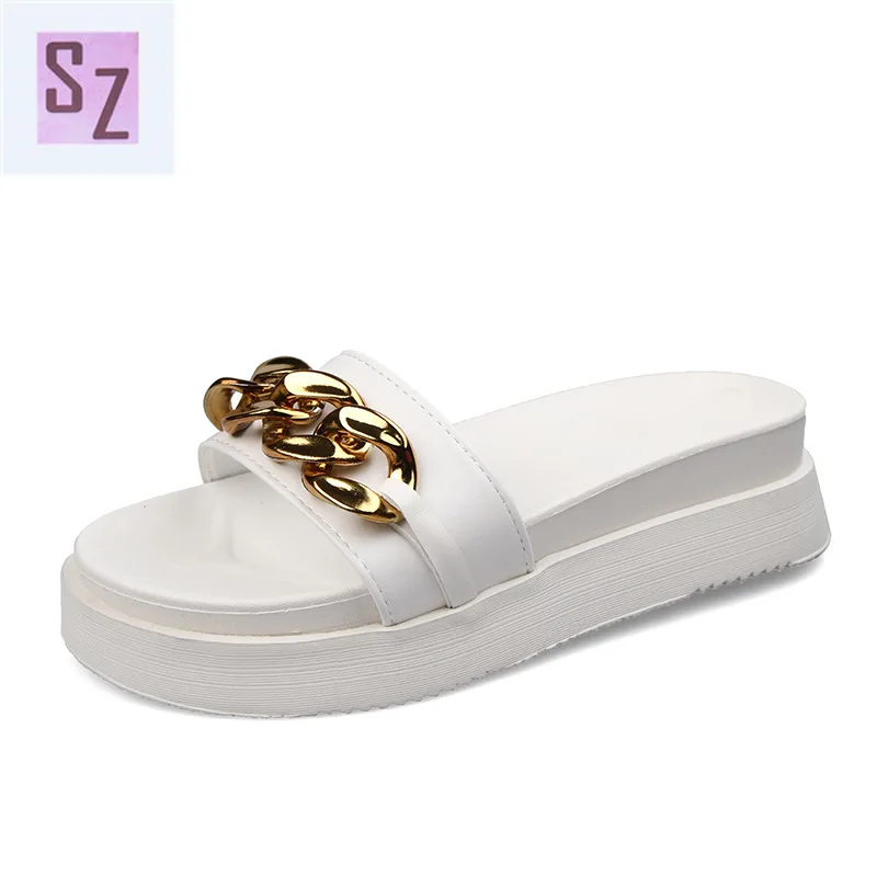 

Net Red Fashion Chain Thick-soled Sandals Slippers Women Summer Wear 2021 New Casual One-word Mid-heel Sandals Women