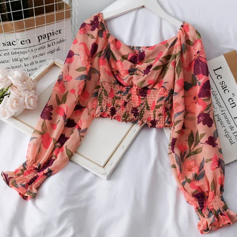 Женская шифоновая блуза с цветочным принтом винтажная рубашка квадратным