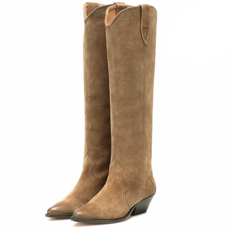 

Chunky Heel Western Boots Suede Leather Cowboy High Boots Pointy Retro Female Botas Mujer Handmade Quality Ladies Casual Shoes