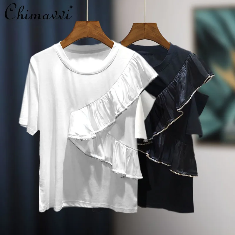 

Женская футболка с оборками и коротким рукавом, летний модный однотонный топ с открытыми плечами, подходящий ко всему