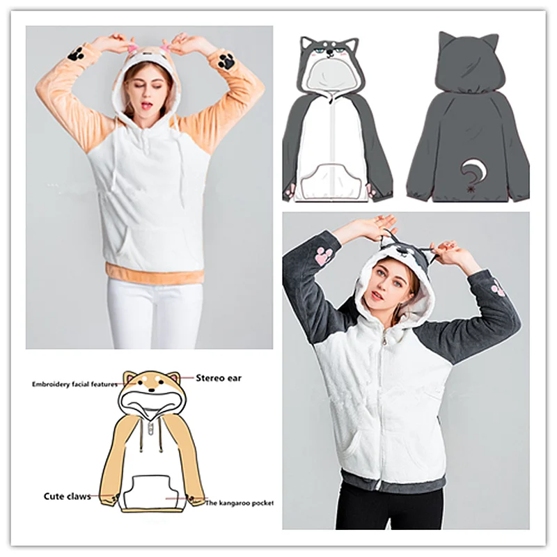 Японский кавайный пуловер хаски с капюшоном толстовка мяу в виде кота пальто для