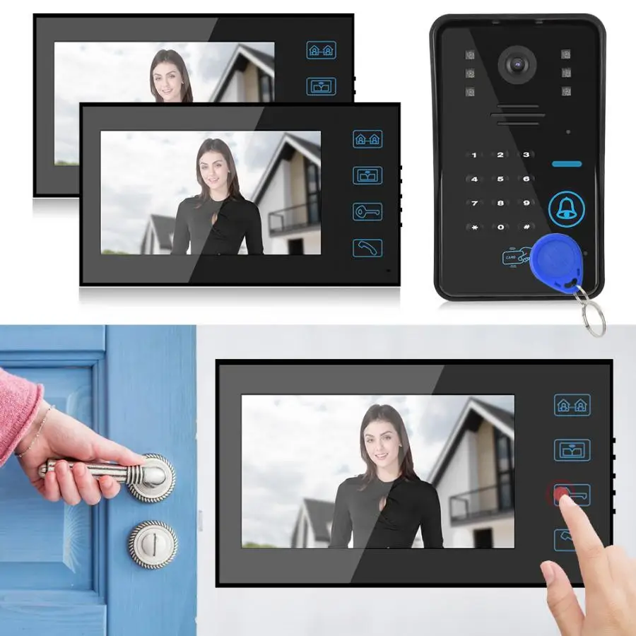 Door bell camera 7in Video Doorbell Password Card Doorphone 2 Monitors Night Vision Intercom 100-240V | Безопасность и защита