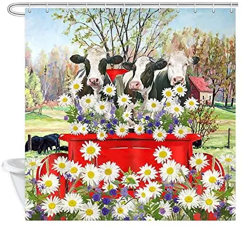 

Farmhouse Cow Shower Curtain, Country Farm Animal Cattle on Retro Red Truck Bathroom Decor
