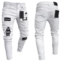 3 styles men stretchy ripped skinny jeans mens biker embroidery print pencil pants scratched high quality jogging denim pants