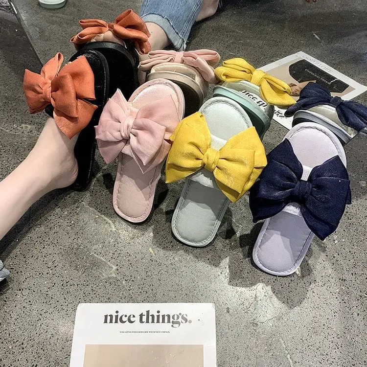 New Home Cute Bowknot Cotton Slippers Ladies Autumn and Winter Comfortable Slippers Furry Slippers Women Fashion Women's Shoes