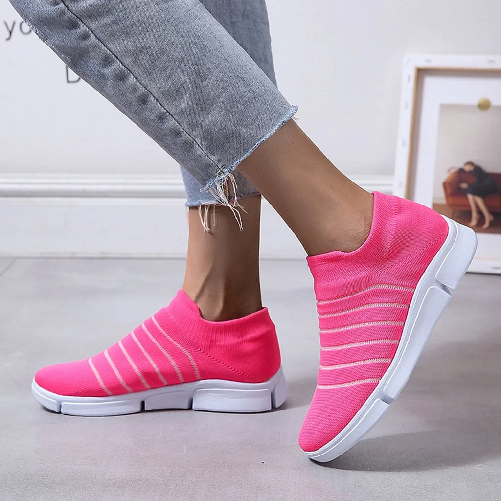 Кроссовки женские вязаные без шнуровки плоская Вулканизированная подошва