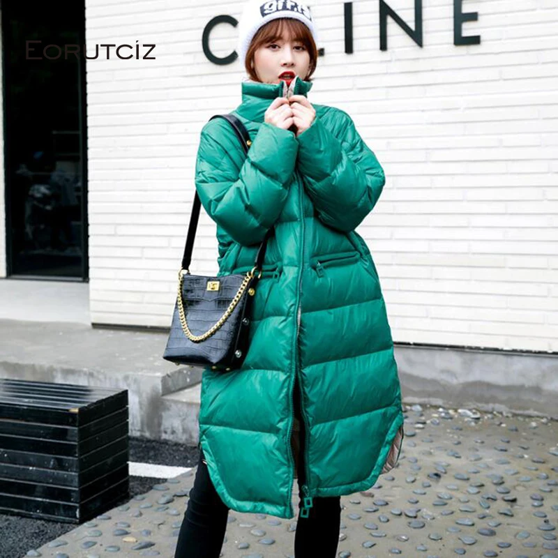 

EORUTCIZ Winter Duck Down Coat Women Long Oversize Jacket Spring Slim Casual Black Pocket Warm Coat LM766
