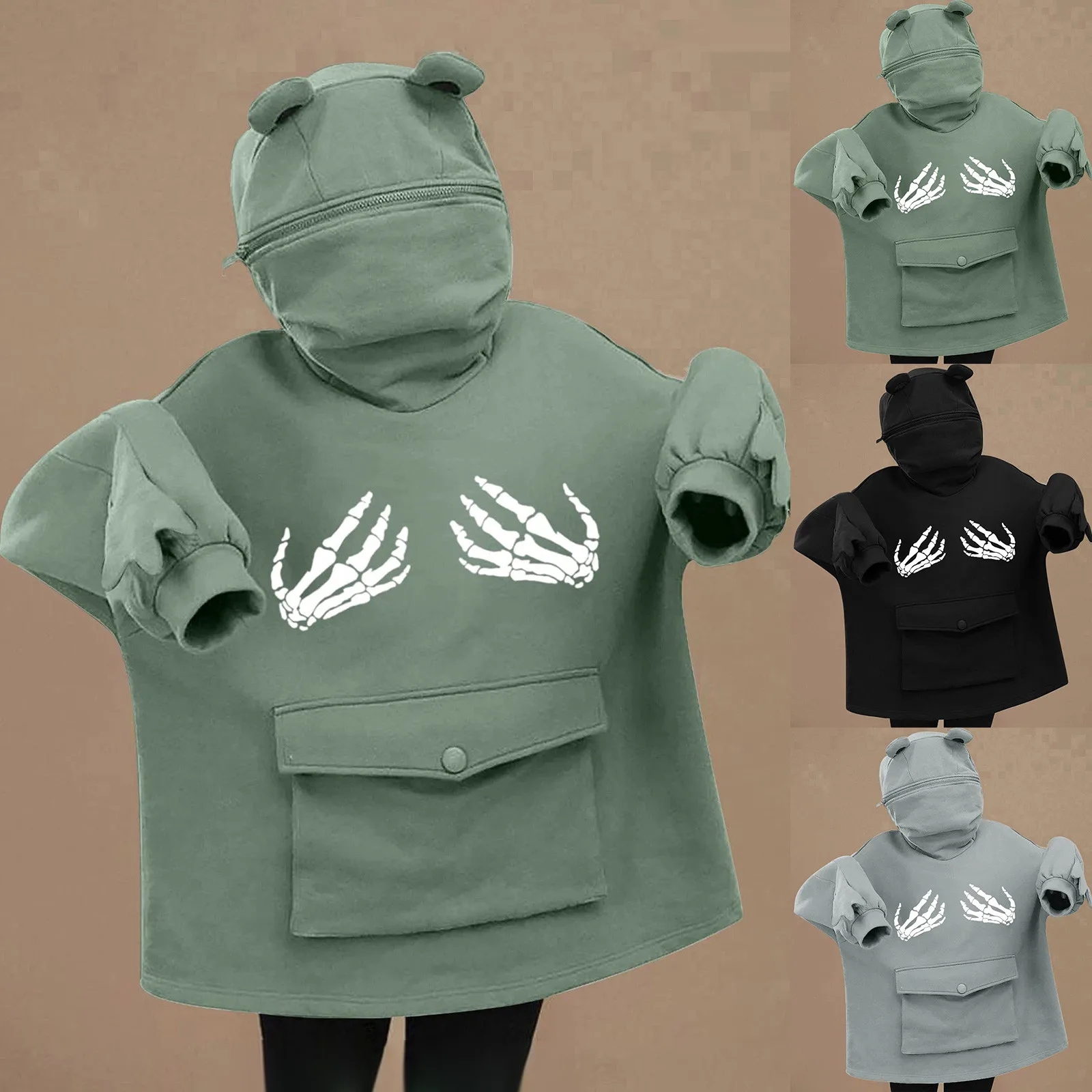 

FrogSweatshirt Womens Hoodie Pullover Trendy Pocket Long Sleeve Tops Cute Mouth Hood Sweatshirt Oversized Hoodie Kawaii Clothes