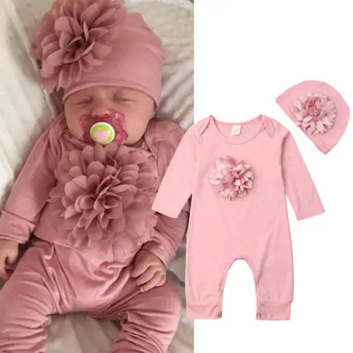 Newborn Clothes Baby Girls Long Sleeve Baby Rompers Pink Floral Jumpsuit Baby Bodysuit Toddler Hat Baby Girls Sets Clothing 2020