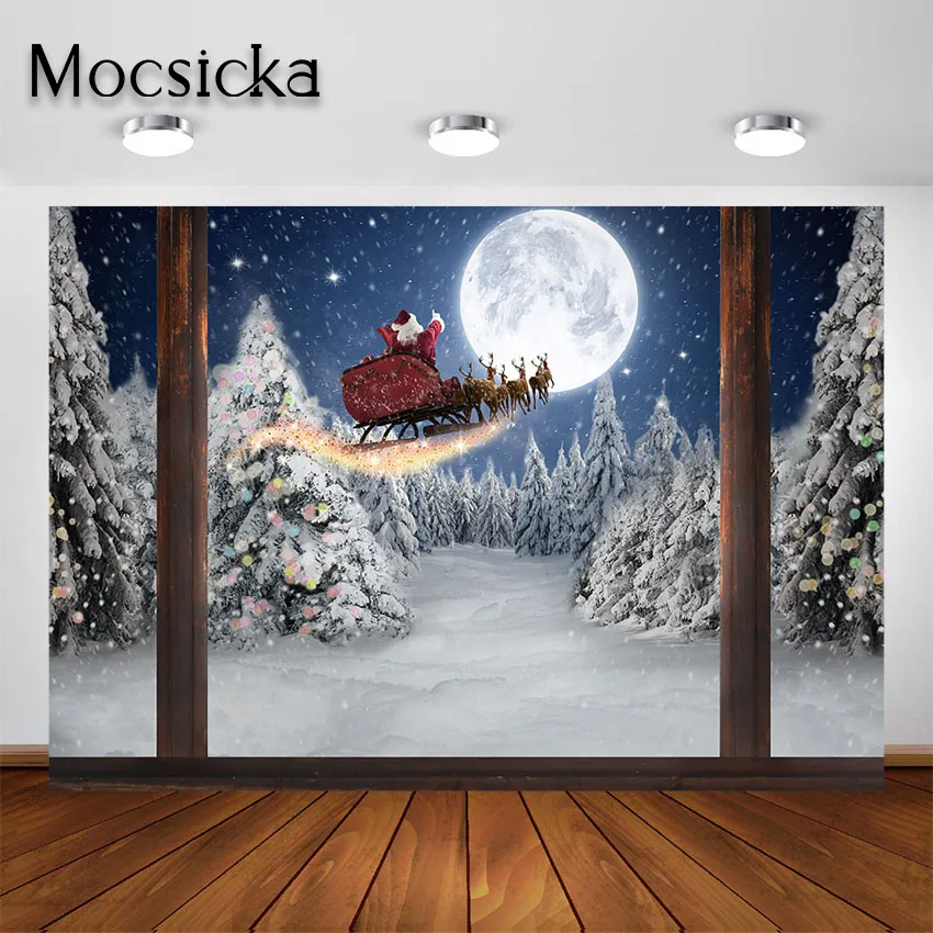 

Mocsicka Christmas Photography Backdrop Winter Snow Window Christmas Moon Night Sky Santa Claus Photo Background Studio Props