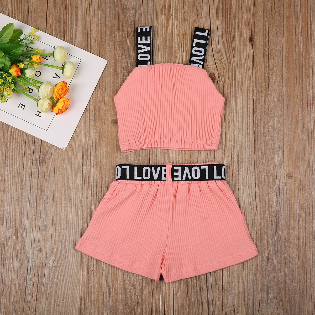 

Little Baby Girls 2 PCS Outfit Set Sling Letter Shoulder Straps Crop Tops Short Solid Color Pants with Removable Waist Belts Set