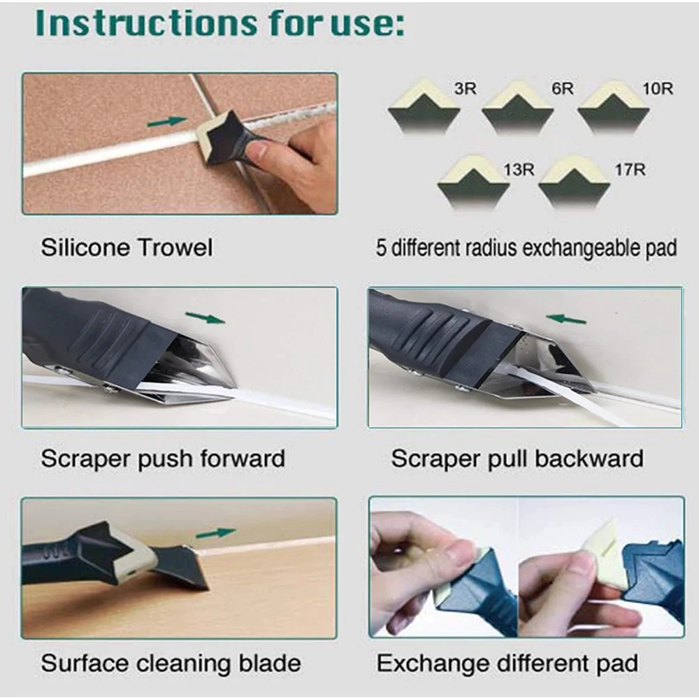 

6pcs/set 3 in 1 Silicone Caulking Tools Silicone Trowel Residue Scraper for Kitchen Bathroom Wall Floor Tile Sink SASI
