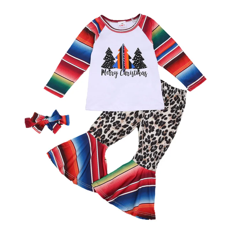 

2021 Kid Child Girls Christmas Spring Girl Long Sleeve Leopard Printed Top Flared Long Pants Clothes Set