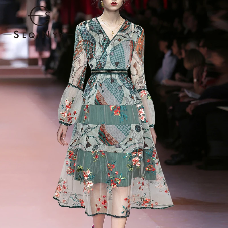 

SEQINYY Vintage Dress Women Elegant Summer Spring New Fashion Design Lace Embroidery Flowers Mesh Green Print Beading Runway