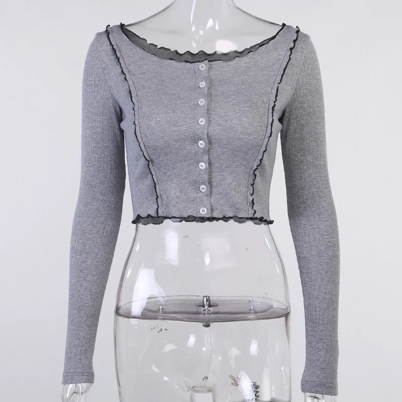

Winter Style Fashion T-Shirt 2020 Sexy Fashion Long Sleeve Single Breasted Patchwork Gray Solid Sexy High Street Women T-Shirt