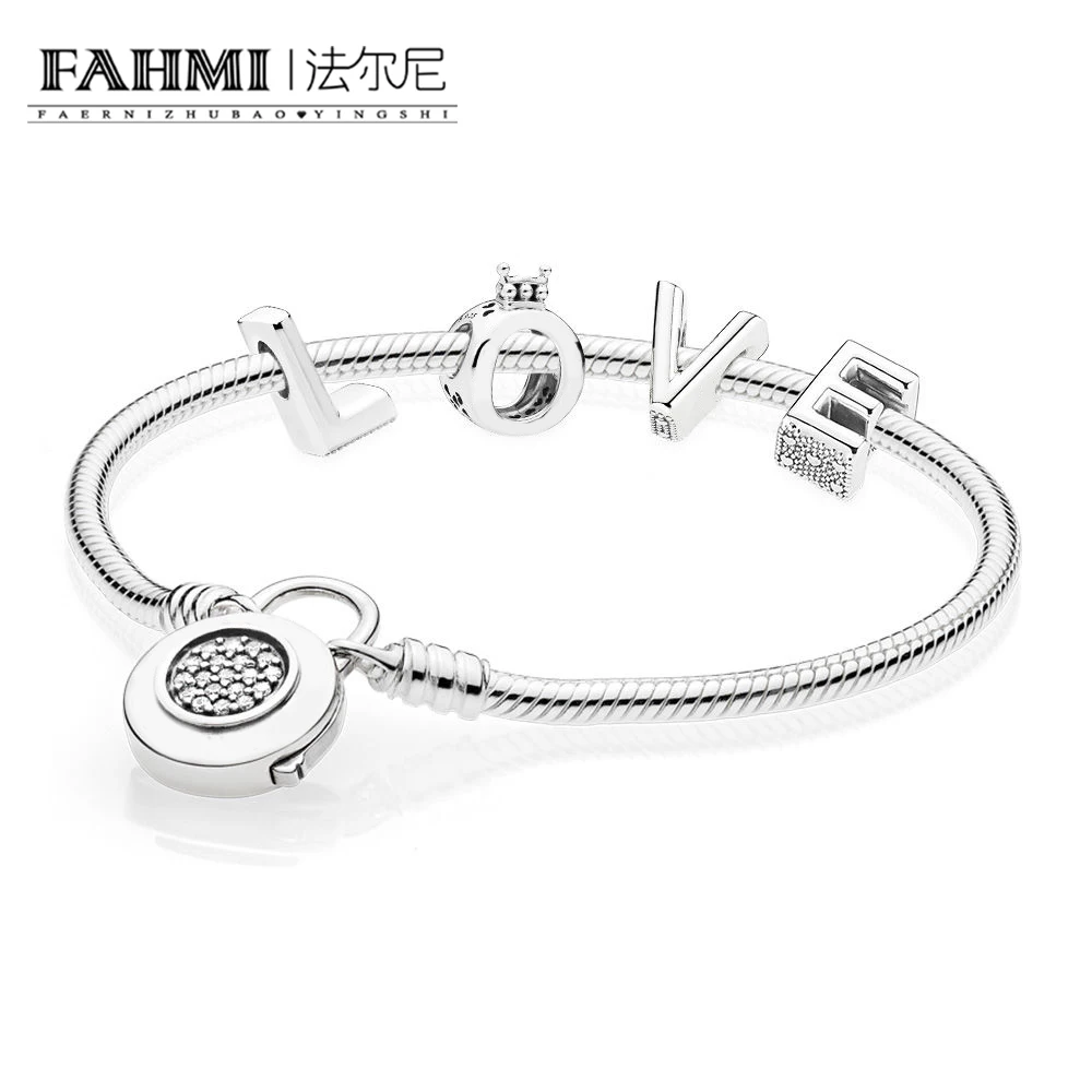 

FAHMI 100% 925 Sterling Silver Love RAU0486 CROWN CHARM LETTER 597092CZ MOMENTS SMOOTH BRACELET WITH SIGNATURE PADLOCK Set