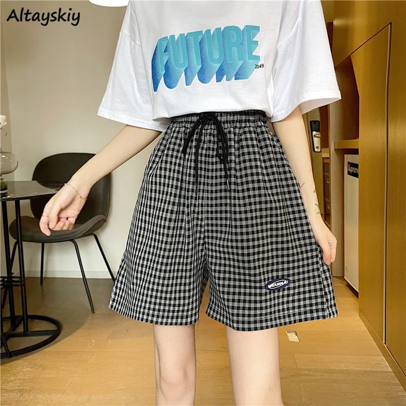 

Shorts Women Plaid Patchwork Chic Japan Style Daily Streetwear Casual Elastic Waist Females Summer Short Trousers Trendy Ins