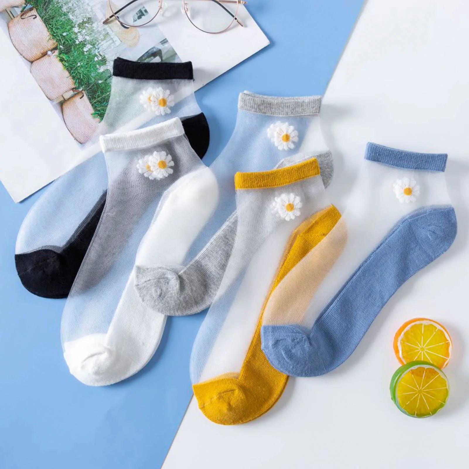 

5 Pairs Socks small daisy Women short Socks summer boat sock glass silk Ultra Thin Breathable shallow mouth cotton socks