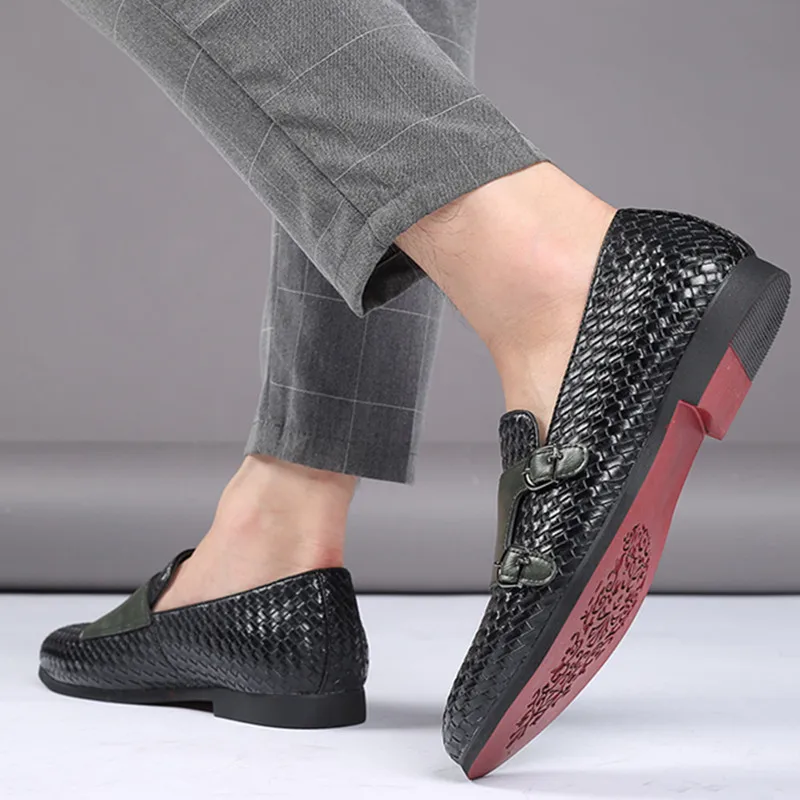 

Mens Loafers Weaven Mixed Color PU Leather Men Dress Shoe Buckle Slip On Flat Male Footwear Wedding Party Fashion Shoes For Men