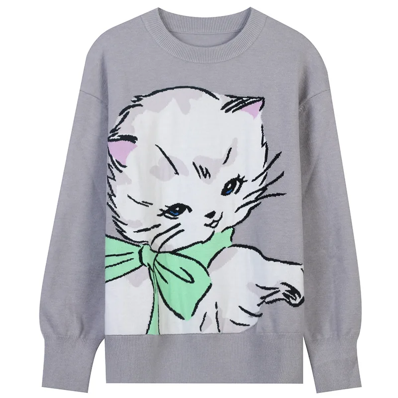 

Korean Fashion Kawaii Cartoon Cat Jacquard Loose Pullover Knitted Long Sleeve Sweater Top 2021 Autumn Winter New Women Clothing