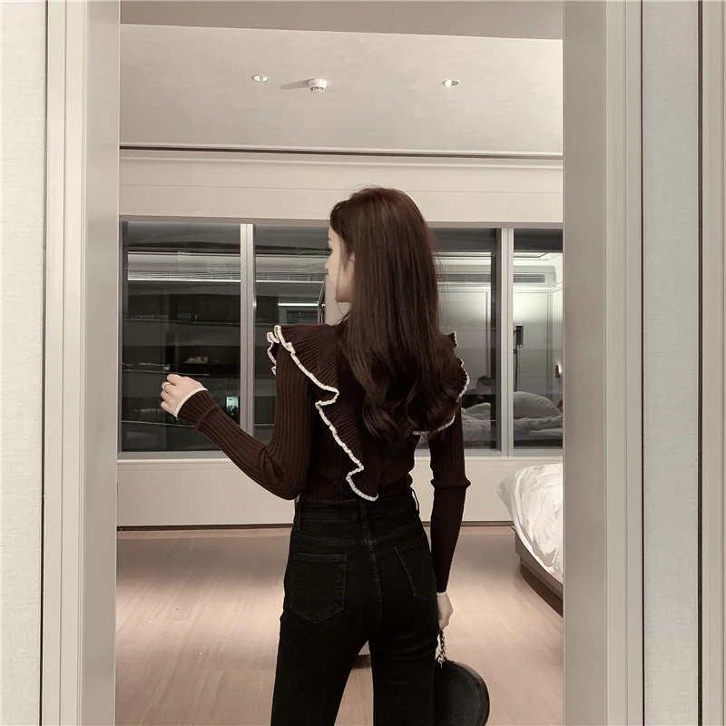 Женский трикотажный пуловер с оборками повседневный облегающий свитер длинным