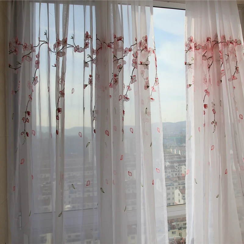 

Luxury Pink Peach Blossom Embroidery Tulle Curtains for Living Room Nice Finished White Voile Curtain for Kids Girls Bedroom