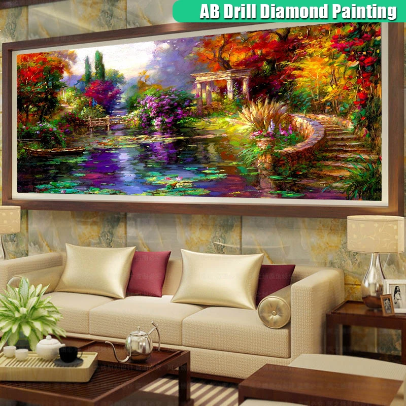 Pintura de diamante 5D de gran tamaño, cuadro de loto escénico, Cuadrado completo, redondo, mosaico, imagen 3D, bordado de diamantes de lago, decoración del hogar