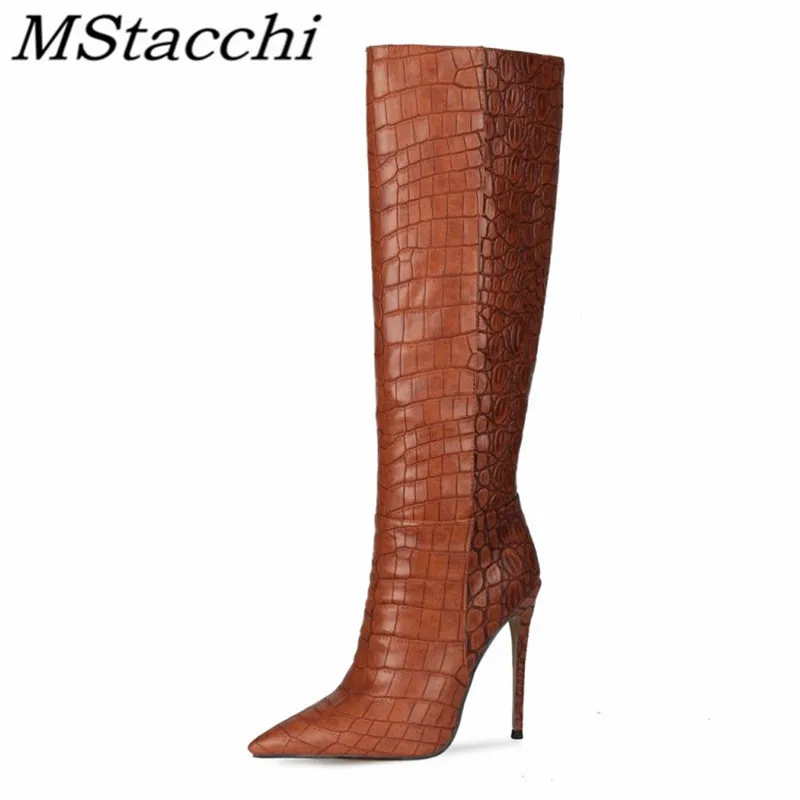 

Женские ботинки на высоком каблуке Mstacchi с каменным узором 2021, модные женские ботинки с острым носком на тонком каблуке и молнией сзади, женс...
