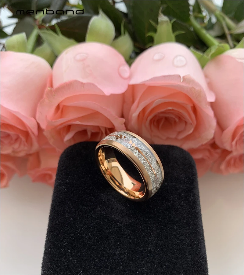 Обручальные кольца для мужчин и женщин из розового золота вольфрама с метеоритом