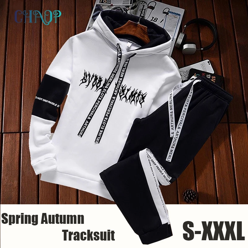 Patchwork Men Tracksuit Hoodies Sweatshirt and Pants Sets Pullover Hooded Sweatshirts White Black Casual Suit Male Outfits 2021 | Мужская