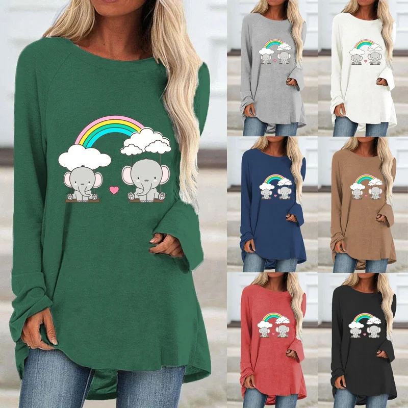 

Women Autumn Fashion Clothing Elephants Printed Casual Sweatshirt Long Sleeve Tops T-shirt Ladies Round Neck Pullover Blouse