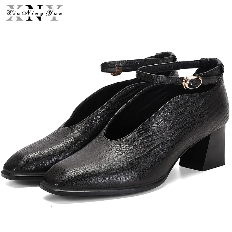 

Women's Pumps Genuine Leather Round Toe Female Classic Single Shoes Buckle Ladies Dress Shoes Wedding Office Lady Shoes 2019