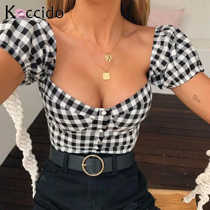 Повседневная белая черная Женская клетчатая блузка рубашка с коротким рукавом