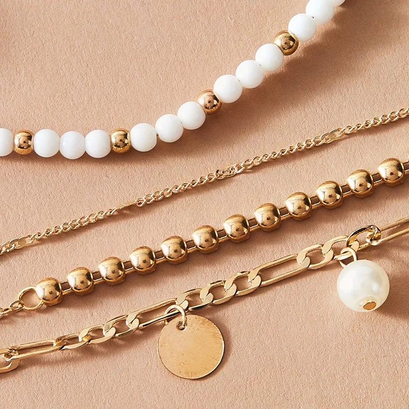 

New Fashion Round Bead Bracelets For Girls Short Multi Layered Chain Pearl Stainless Steel Wafer Pendants 2021 Women Jewelry