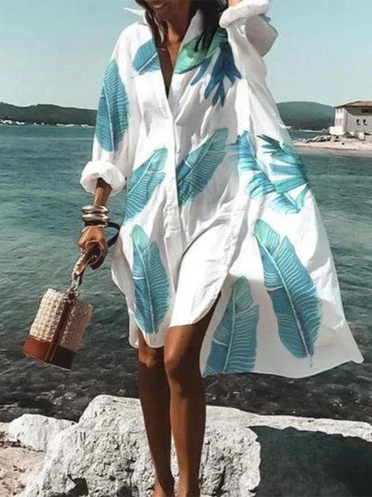 

Shirt Beach Dress White Vacation Dress Long Sleeve Swimsuit Cover Up Women Tunic Plus Size Blouse Cardigan Women Party Dress