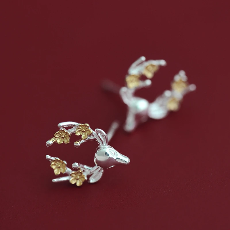 

100% 925 Sterling Silver Prevent Allergy Animal Deer Stud Earrings for Women Wedding Flower Earrings Jewelry Gift brincos