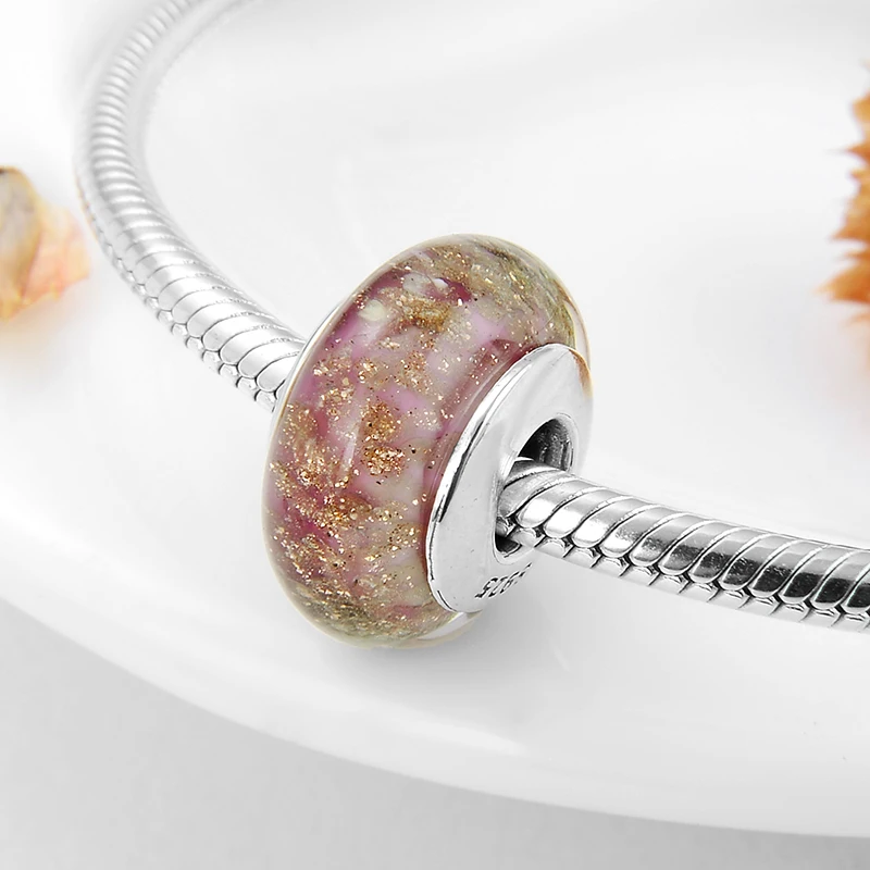 Горячие 925 пробы серебряные мерцающие золотистые и розовые муранские стеклянные