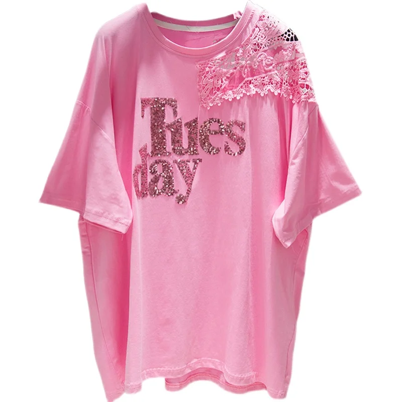 

Women's Short-Sleeved T-shirt Mid-Length 2021 Summer New Lace Original Sequined Half-Sleeve Top