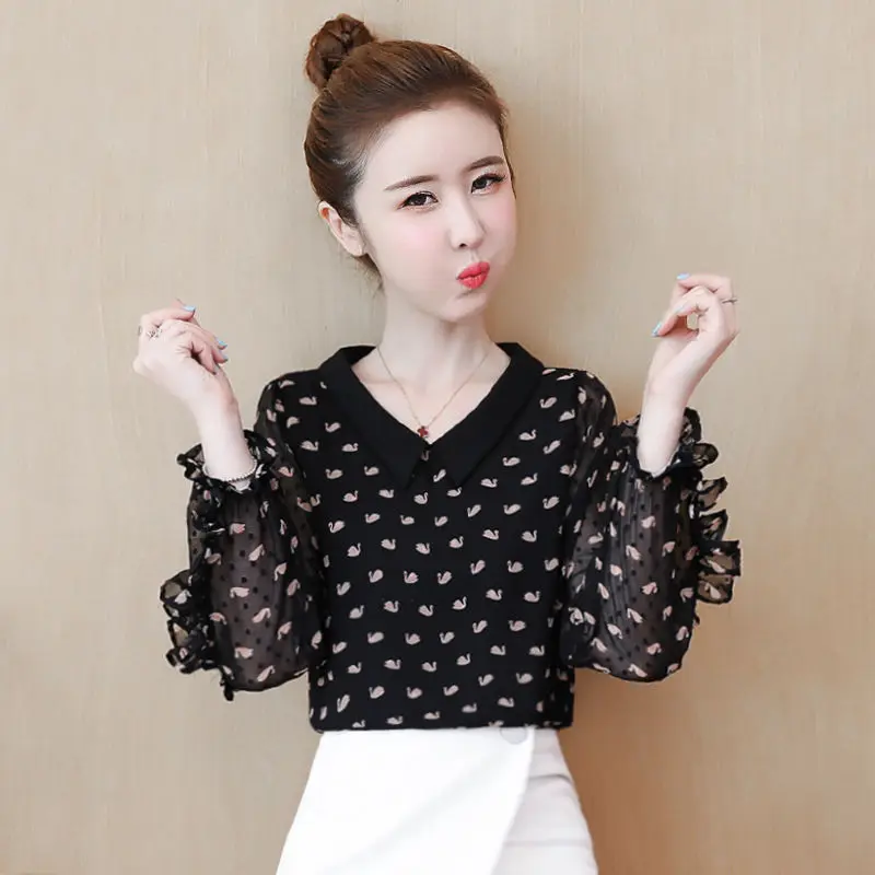 

Temperament doll collar chiffon shirt women's spring and autumn 2021 fashion new ladies chiffon shirt long sleeve top