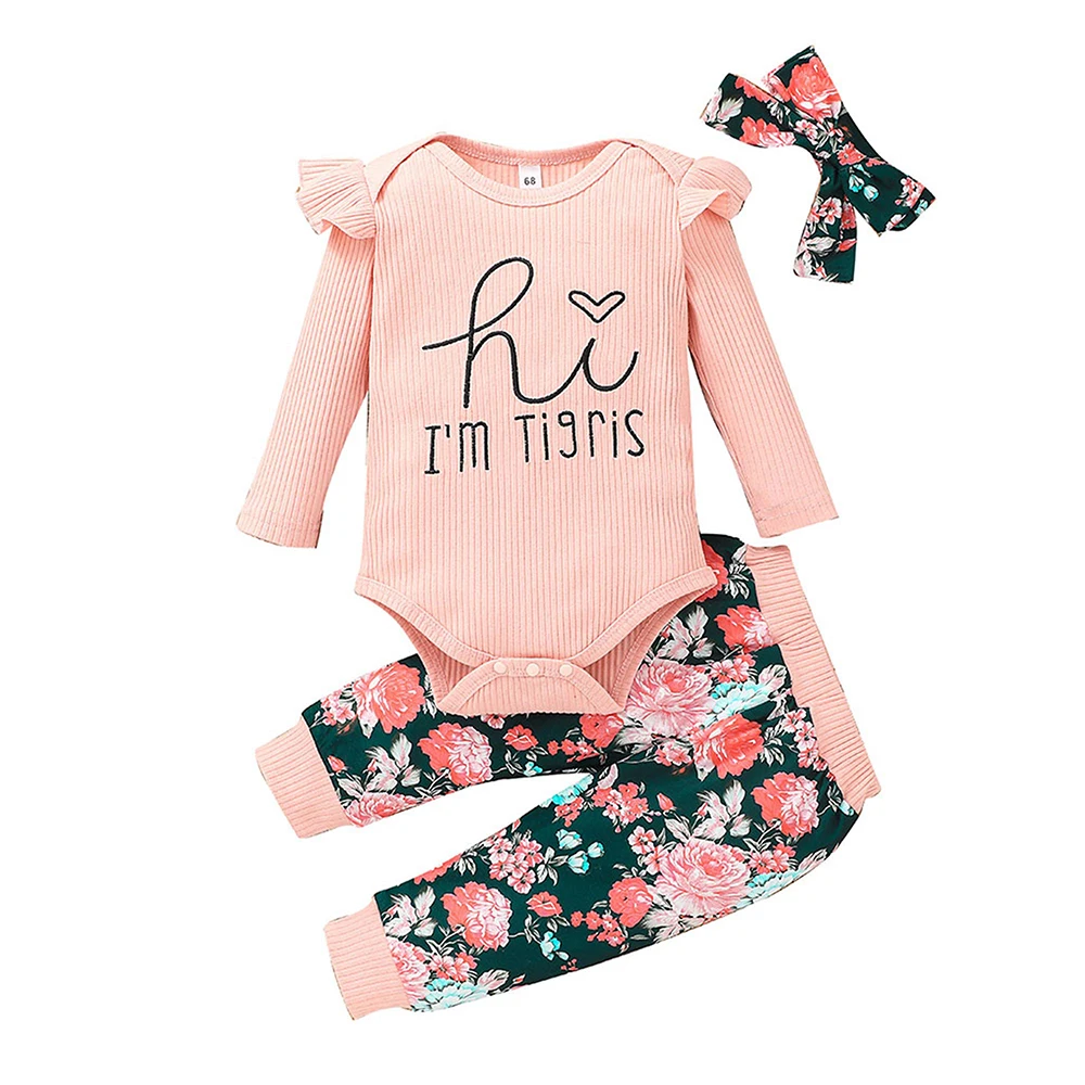 

3 Piece Set Newborn Girls Cotton Knitted Floral Pullover Round Neck Ruffle Pants Headband Embroidered Casual Long Sleeve Clothes