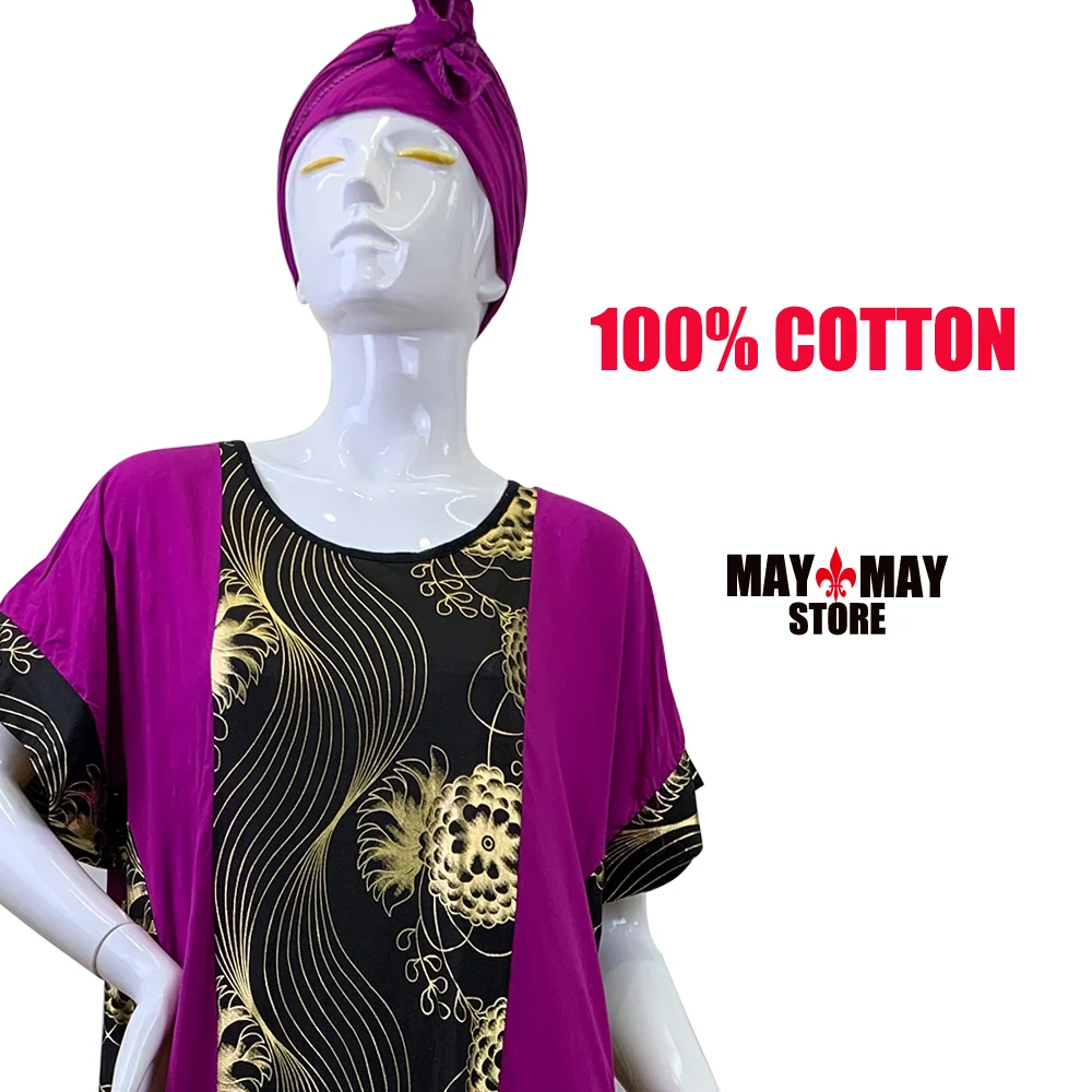 

100%Cotton Kaftan Abaya Short Sleeve Plus Size With Scarf For Muslim Women Turkey Dubai Bronzing Flower Robe African Maxi Dress