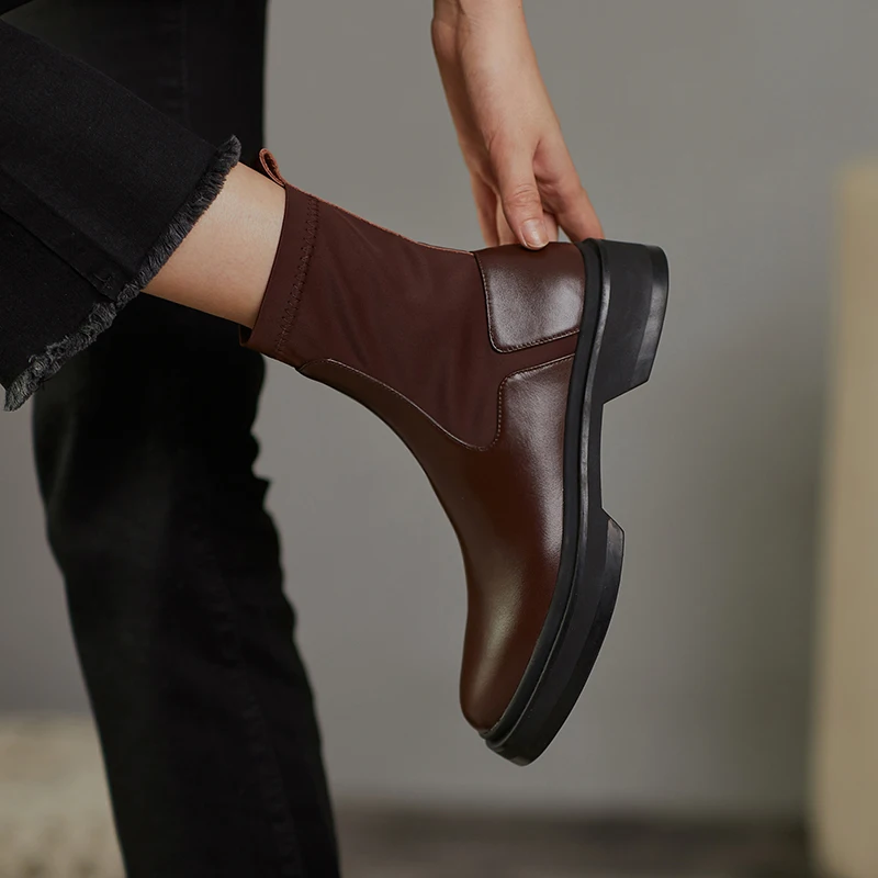 

Genuine Leather Autumn Winter boots Woman Platform Chunky Heels Pumps Newest patchwork Party Basic Shoes Woman