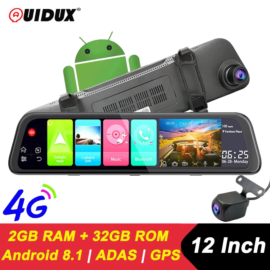 QUIDUX 12 &quotзеркало заднего вида 4G ADAS Видеорегистраторы для автомобилей Камера Android 8