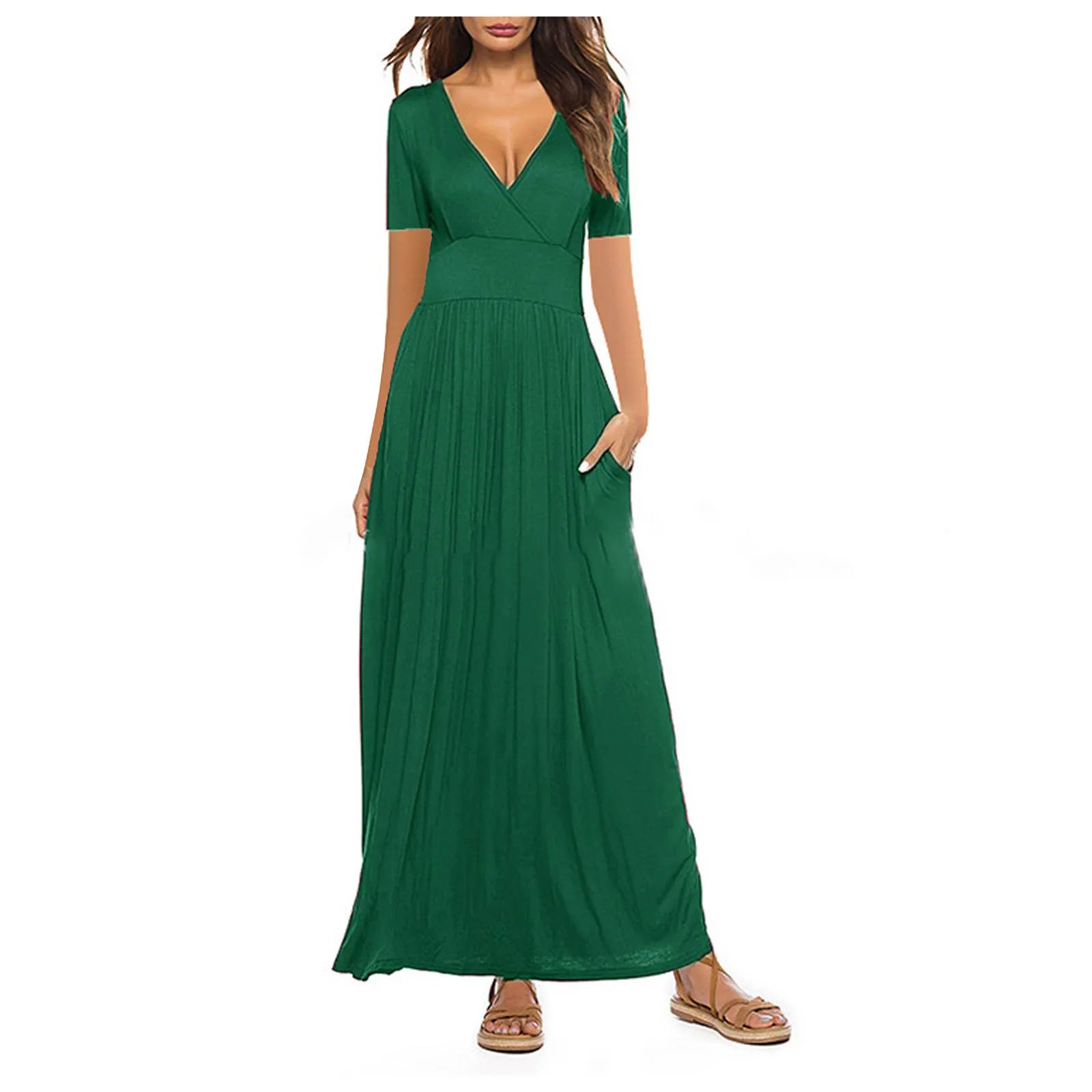 

Black Maxi Dress Women's Casual Solid V-Neck Dress Short Sleeve Long Dress With Pockets Festival Evening Party Dress vestidos