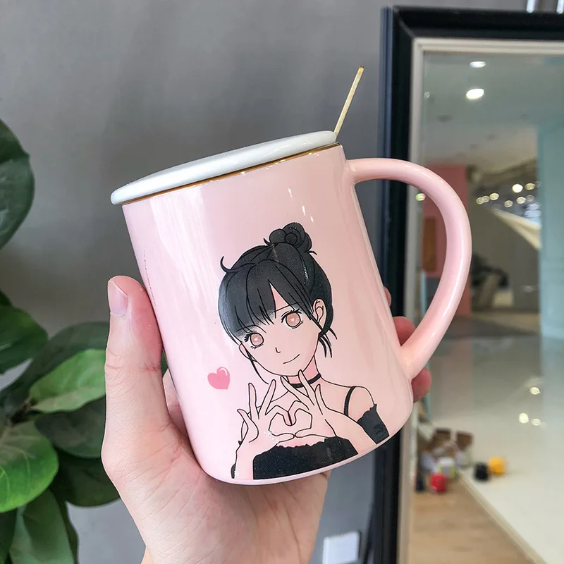 

Japanese Ceramic Cup with Cover Spoon Wedding with Hand Gift Mug Personality Lovers Head Cup