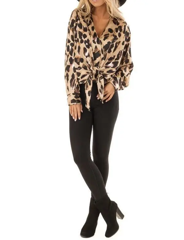 

New women's V-neck fashion leopard print knotted long sleeve T-shirt in autumn, winter and spring of 2019