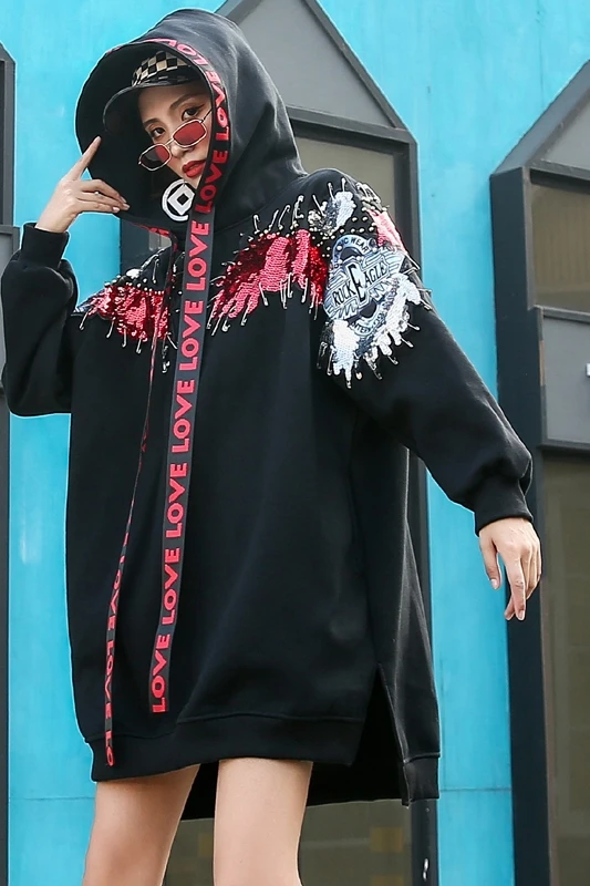 

Popular logo fashion beaded loose trend hoodie top for women in large size and medium length hoodie for autumn/winter