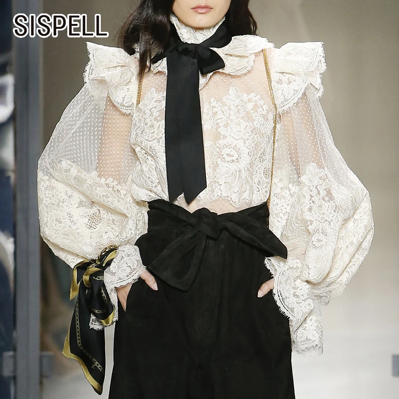 SISPELL кружевная Лоскутная Женская рубашка со стоячим воротником повязка с бантом